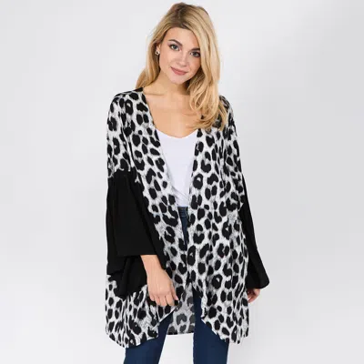 Fashnzfab Open Front Ruffle Sleeves Leopard Print Poncho In Black