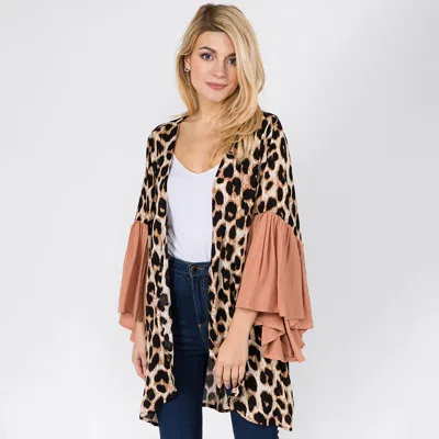 Fashnzfab Open Front Ruffle Sleeves Leopard Print Poncho In Brown