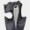 Fashnzfab Open Heart Accented Rhinestone Fringe Dangle Evening Earrings - Rhodium In Metallic