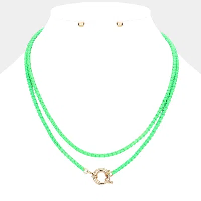 Fashnzfab Open Metal Circle Pendant Double Layered Chain Necklace In Green