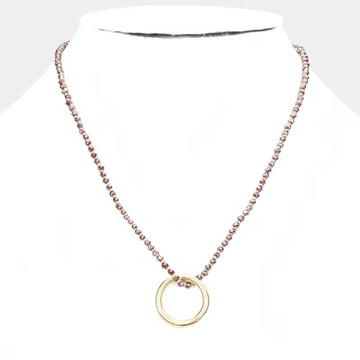 Fashnzfab Open Metal Circle Pendant Faceted Beaded Necklace In Pink