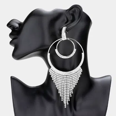 Fashnzfab Open Metal Circle Rhinestone Fringe Dangle Evening Earrings - Silver In Metallic