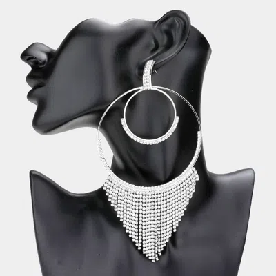 Fashnzfab Open Metal Circle Rhinestone Fringe Dangle Evening Earrings - Silver In Metallic