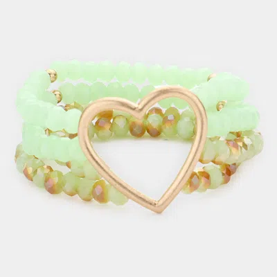 Fashnzfab Open Metal Heart Accented Multi Layered Faceted Beaded Stretch Bracelet Mint In Green