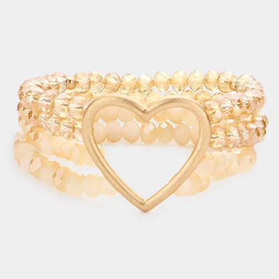 Fashnzfab Open Metal Heart Accented Multi Layered Faceted Beaded Stretch Bracelet Neutral In Sand