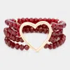 Fashnzfab Open Metal Heart Accented Multi Layered Faceted Beaded Stretch Bracelet Red In Red