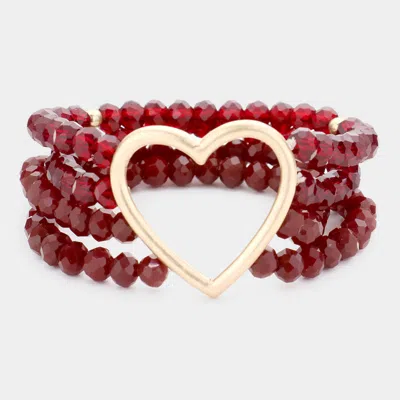 Fashnzfab Open Metal Heart Accented Multi Layered Faceted Beaded Stretch Bracelet Red