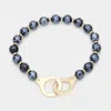 Fashnzfab Open Metal Link Accented Faceted Beaded Stretch Bracelet Jet Black In Black
