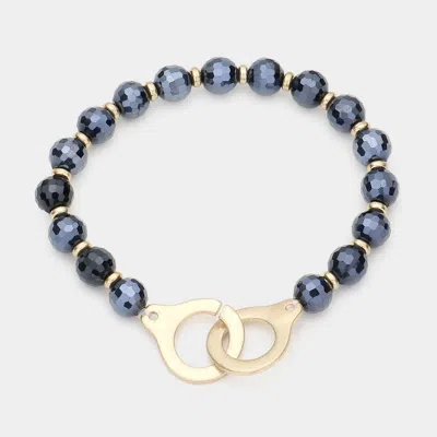 Fashnzfab Open Metal Link Accented Faceted Beaded Stretch Bracelet Jet Black