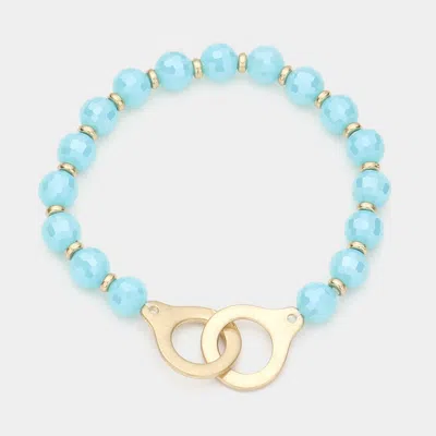 Fashnzfab Open Metal Link Accented Faceted Beaded Stretch Bracelet Turquoise In Blue