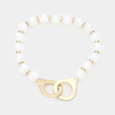 Fashnzfab Open Metal Link Accented Faceted Beaded Stretch Bracelet White