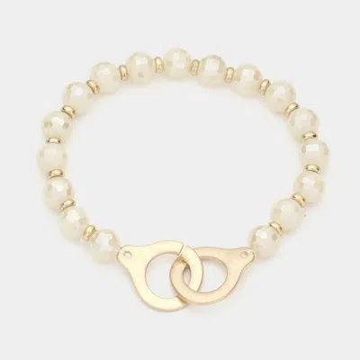 Fashnzfab Open Metal Link Accented Faceted Beaded Stretch Bracelet In White