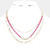 Fashnzfab Open Metal Oval Link Faceted Rectangle Beaded Triple Layered Necklace In Pink