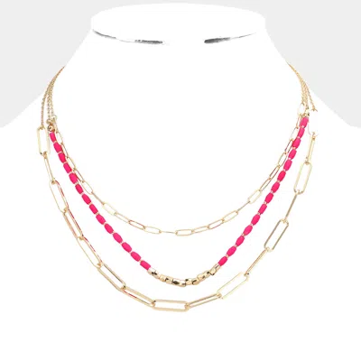 Fashnzfab Open Metal Oval Link Faceted Rectangle Beaded Triple Layered Necklace In Pink