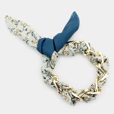 Fashnzfab Open Metal Oval Link Leaf Patterned Fabric Bracelet Teal In Blue