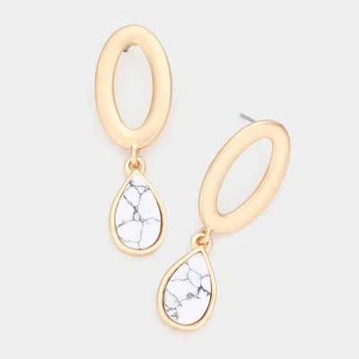Fashnzfab Open Metal Oval Natural Stone Teardrop Link Dangle Earrings - White, Worn Gold