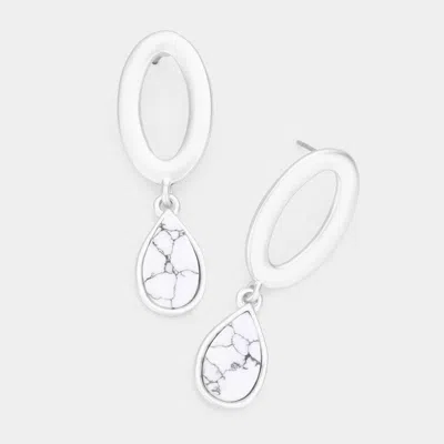 Fashnzfab Open Metal Oval Natural Stone Teardrop Link Dangle Earrings In Silver