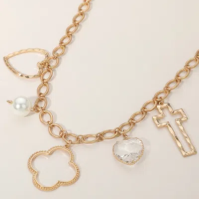 Fashnzfab Open Quatrefoil Heart Cross Pearl Charm Station Necklace In Gold