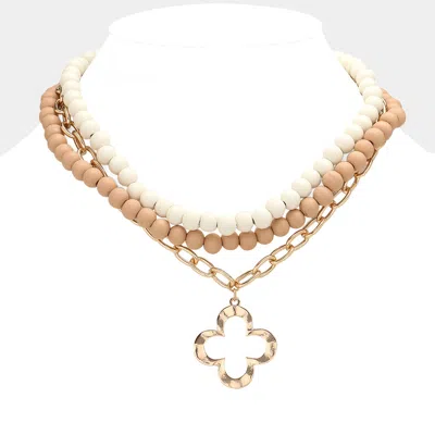 Fashnzfab Open Quatrefoil Pendant Pointed Wood Metal Chain Layered Necklace In Gold