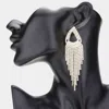 Fashnzfab Open Teardrop Accented Rhinestone Fringe Dangle Evening Earrings In Metallic