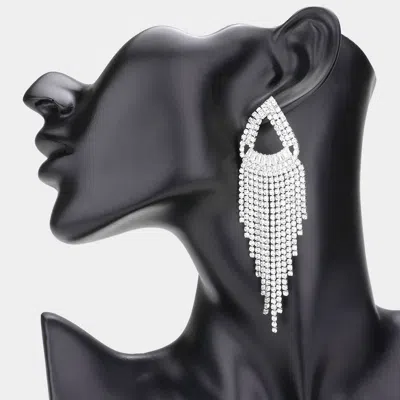 Fashnzfab Open Teardrop Accented Rhinestone Fringe Dangle Evening Earrings In Metallic