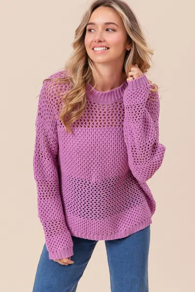 Fashnzfab Openwork Long Sleeve Knit Top In Pink