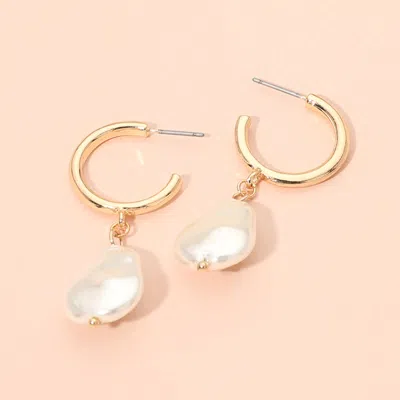 Fashnzfab Organic Shape Pearl Drop Hoop Earrings In Gold