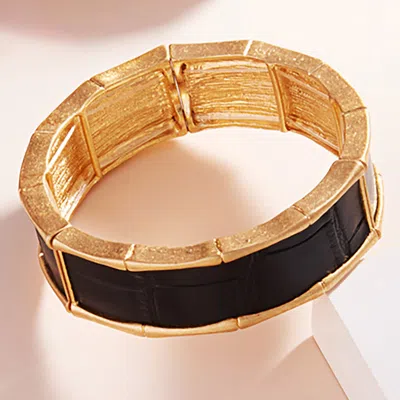 Fashnzfab Organic Shaped Vintage Metal With Embossed Faux Leather Stretch Bracelet Jet Black