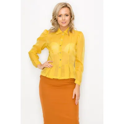 Fashnzfab Organza Pleated Long Sleeve Blouse In Yellow
