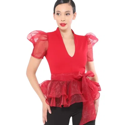 Fashnzfab Organza Puff Short Sleeve Fashion Top In Red
