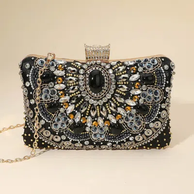 Fashnzfab Ornate Gem Beaded Embellishment Evening Clutch Crossbody Bag In Black