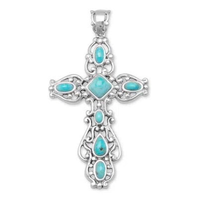 Fashnzfab Ornate Oxidized Reconstituted Turquoise Cross Pendant In Pattern