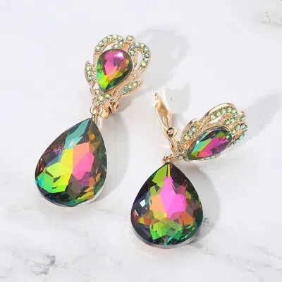 Fashnzfab Ornate Top Faceted Teardrop Stone Dangle Clip On Evening Earrings In Multi