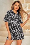 Fashnzfab Outfit Sequins Lips Print Button Down Shorts Set