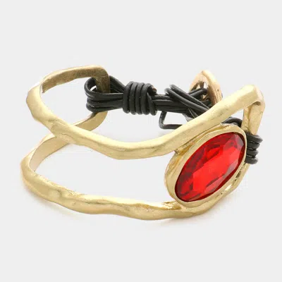 Fashnzfab Oval Crystal Accented Hammered Metal Toggle Bracelet Siam In Red
