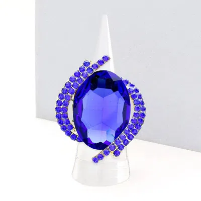 Fashnzfab Oval Crystal Centered Stretch Ring In Blue