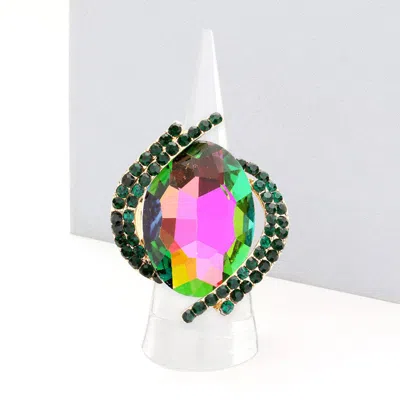 Fashnzfab Oval Crystal Centered Stretch Ring In Green