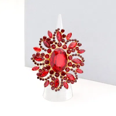 Fashnzfab Oval Crystal Cluster Stretch Ring In Red