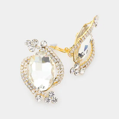 Fashnzfab Oval Crystal Rhinestone Clip On Earrings In Gold