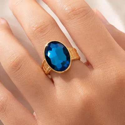 Fashnzfab Oval Crystal Rhinestone Stretch Cocktail Ring In Blue