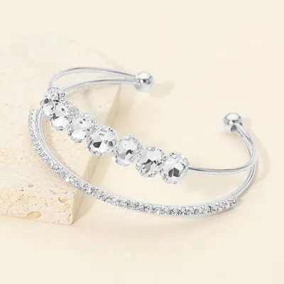 Fashnzfab Oval Cz Cluster Accent Double Row Adjustable Evening Cuff Bracelet In Silver