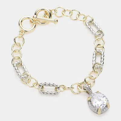 Fashnzfab Oval Cz Stone Charm Pointed 14k Gold Plated Two Tone Chain Bracelet Two Tone In Multi