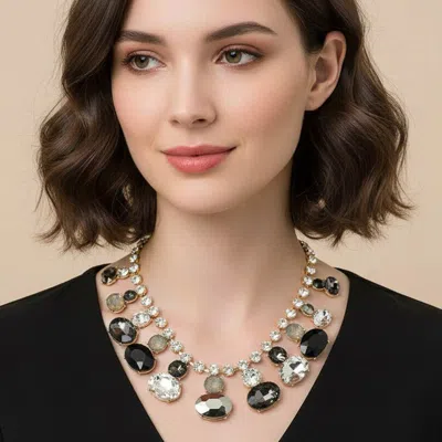 Fashnzfab Oval Faceted Stone Bib Statement Necklace In Black