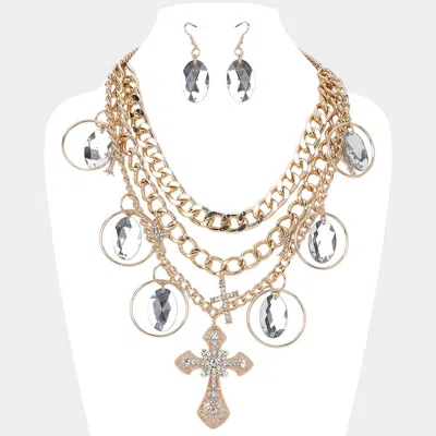 Fashnzfab Oval Faceted Stone Ring Stone Paved Cross Pendant Embellished Chunky Cuban Chain Layered Statement N In Gold