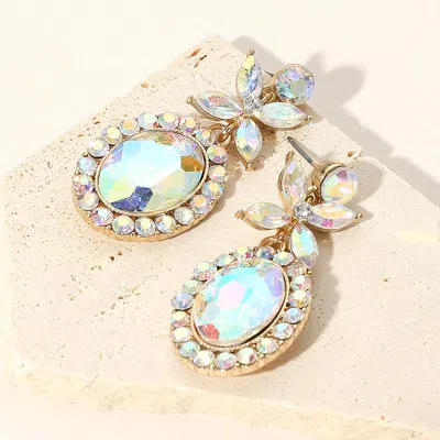 Fashnzfab Oval Flower Crystal Evening Earrings In Blue