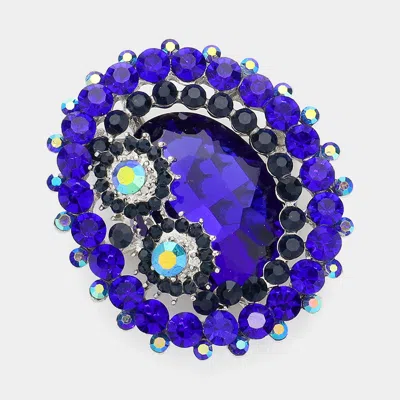 Fashnzfab Oval Glass Crystal Double Flower Pin Brooch In Blue
