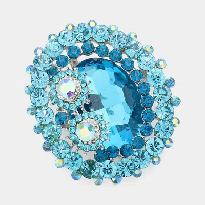 Fashnzfab Oval Glass Crystal Double Flower Pin Brooch In Blue