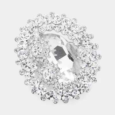 Fashnzfab Oval Glass Crystal Double Flower Pin Brooch In Silver
