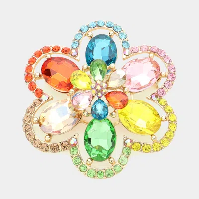 Fashnzfab Oval Glass Stone Accented Rhinestone Paved Flower Pin Brooch In Multi