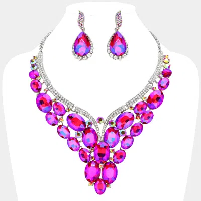 Fashnzfab Oval Glass Stone Cluster Embellished Evening Necklace In Purple